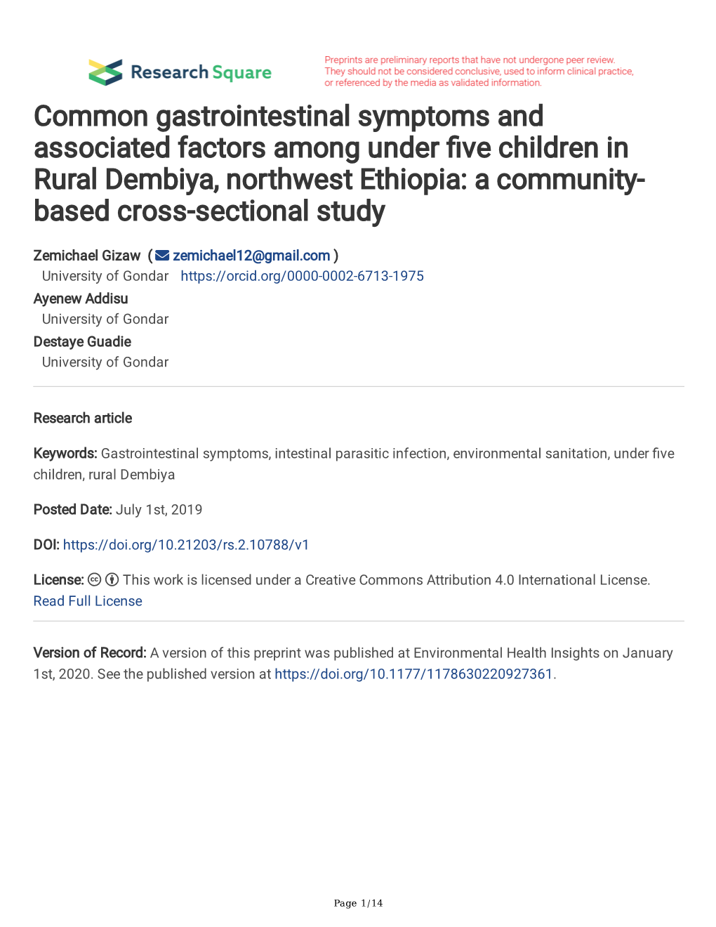 Common Gastrointestinal Symptoms and Associated Factors Among Under Fve Children in Rural Dembiya, Northwest Ethiopia: a Community- Based Cross-Sectional Study