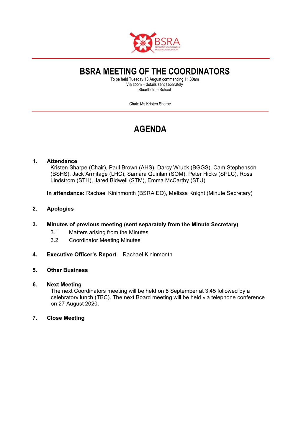 Bsra Meeting of the Coordinators Agenda
