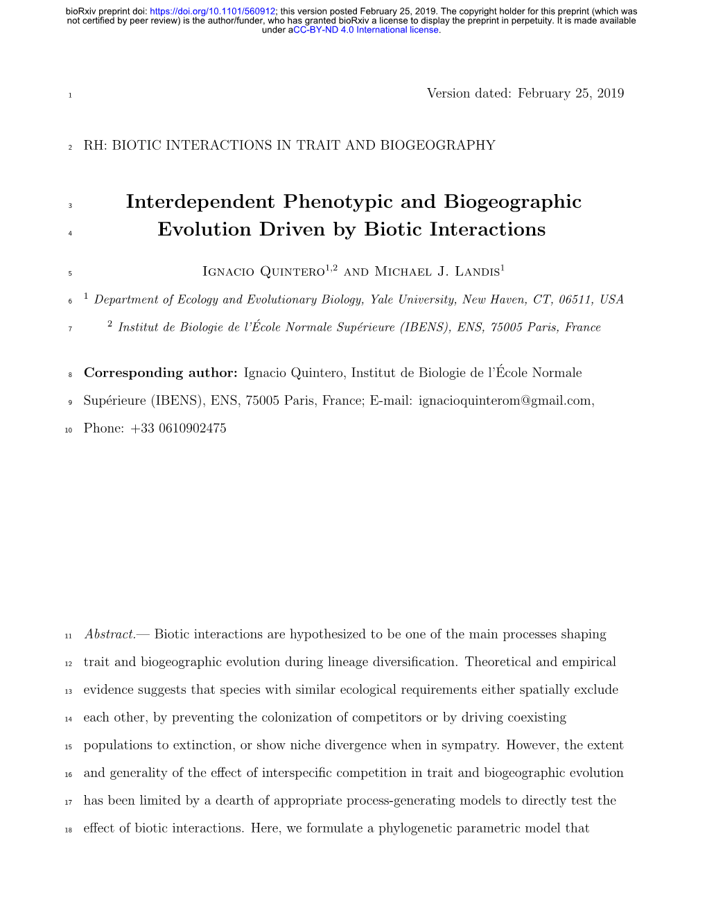 Interdependent Phenotypic and Biogeographic Evolution Driven By