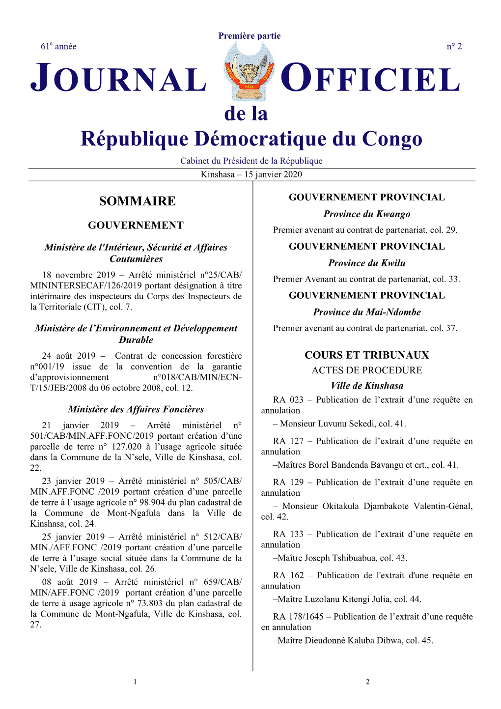 JOURNAL OFFICIEL De La République Démocratique Du Congo Cabinet Du Président De La République