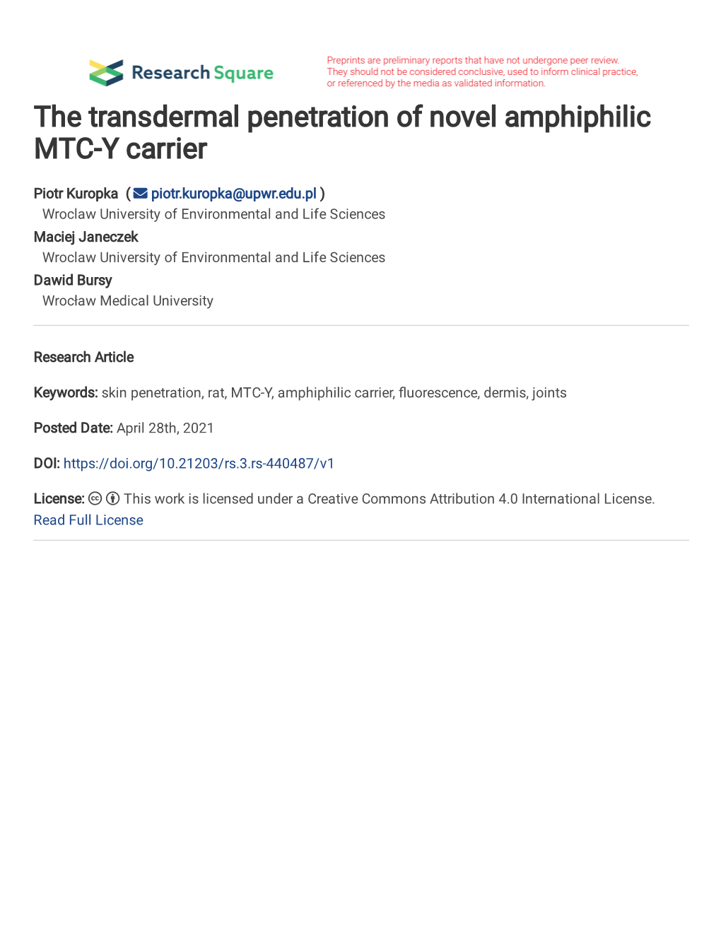 The Transdermal Penetration of Novel Amphiphilic MTC-Y Carrier. Piotr