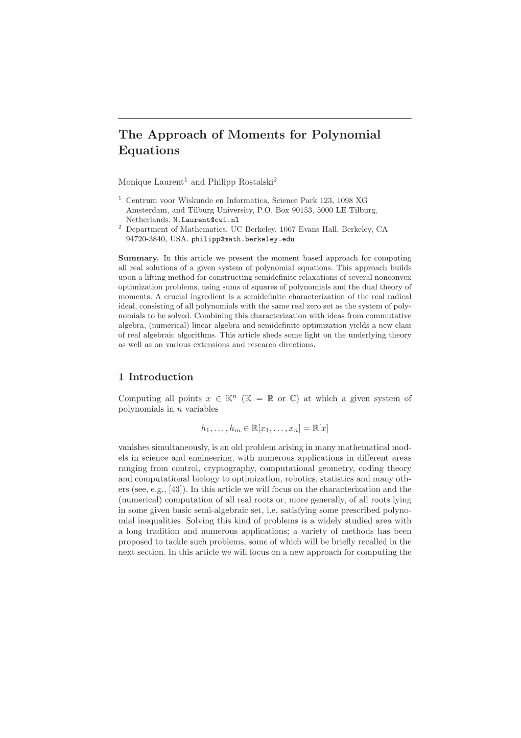 The Approach of Moments for Polynomial Equations