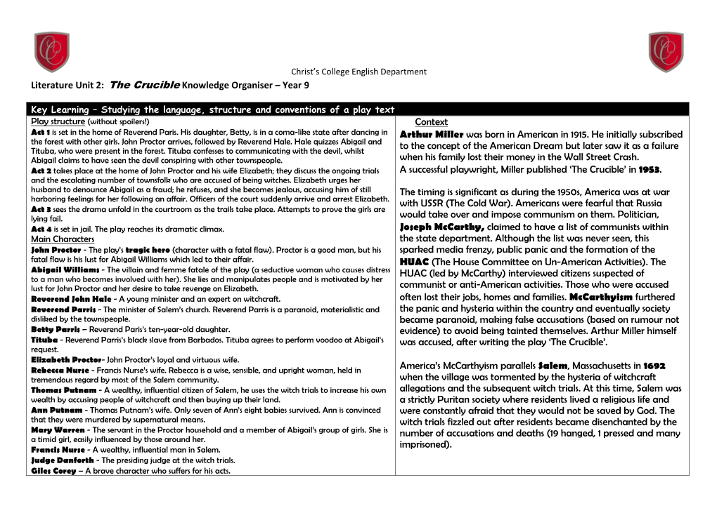 The Crucible Knowledge Organiser – Year 9