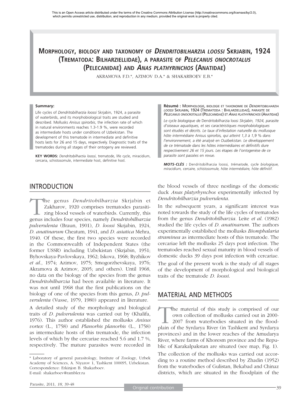 Morphology, Biology and Taxonomy of Dendritobilharzia Loossi Skrjabin