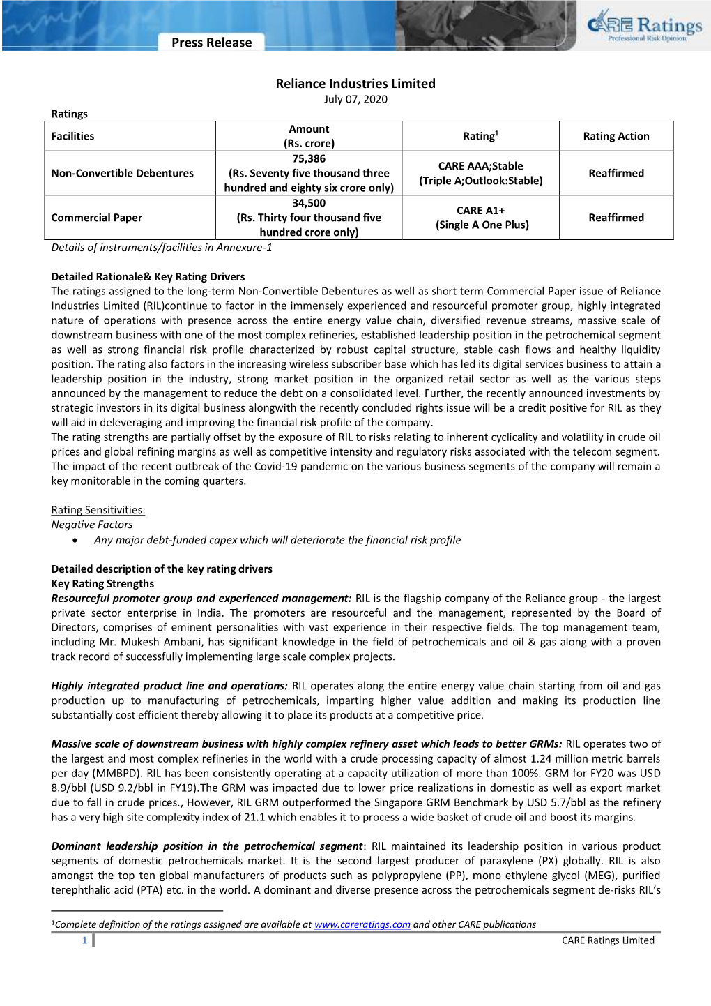 Press Release Reliance Industries Limited