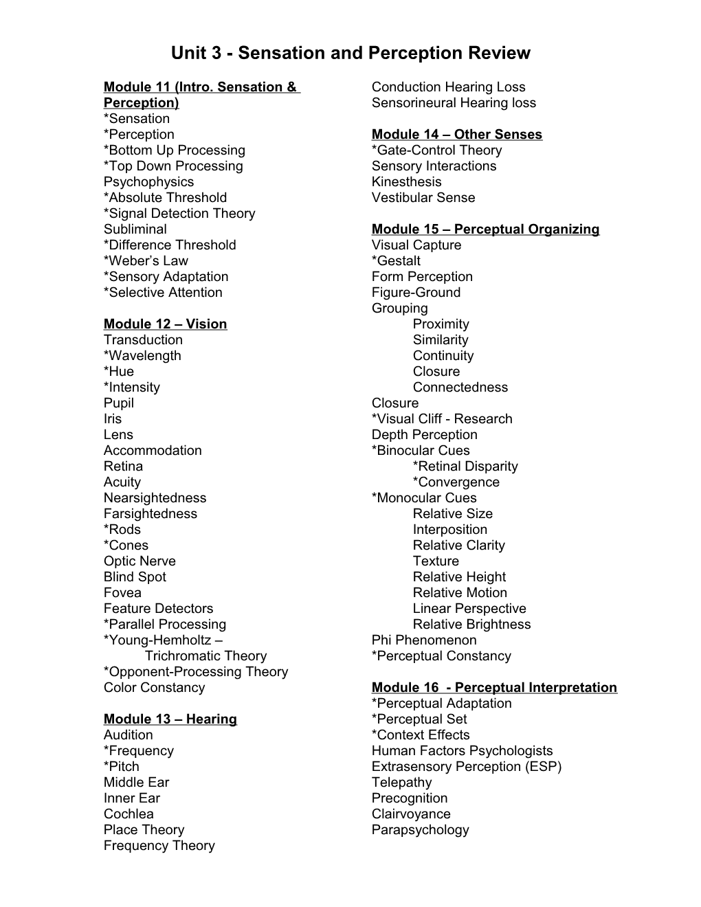 Sensation and Perception Review