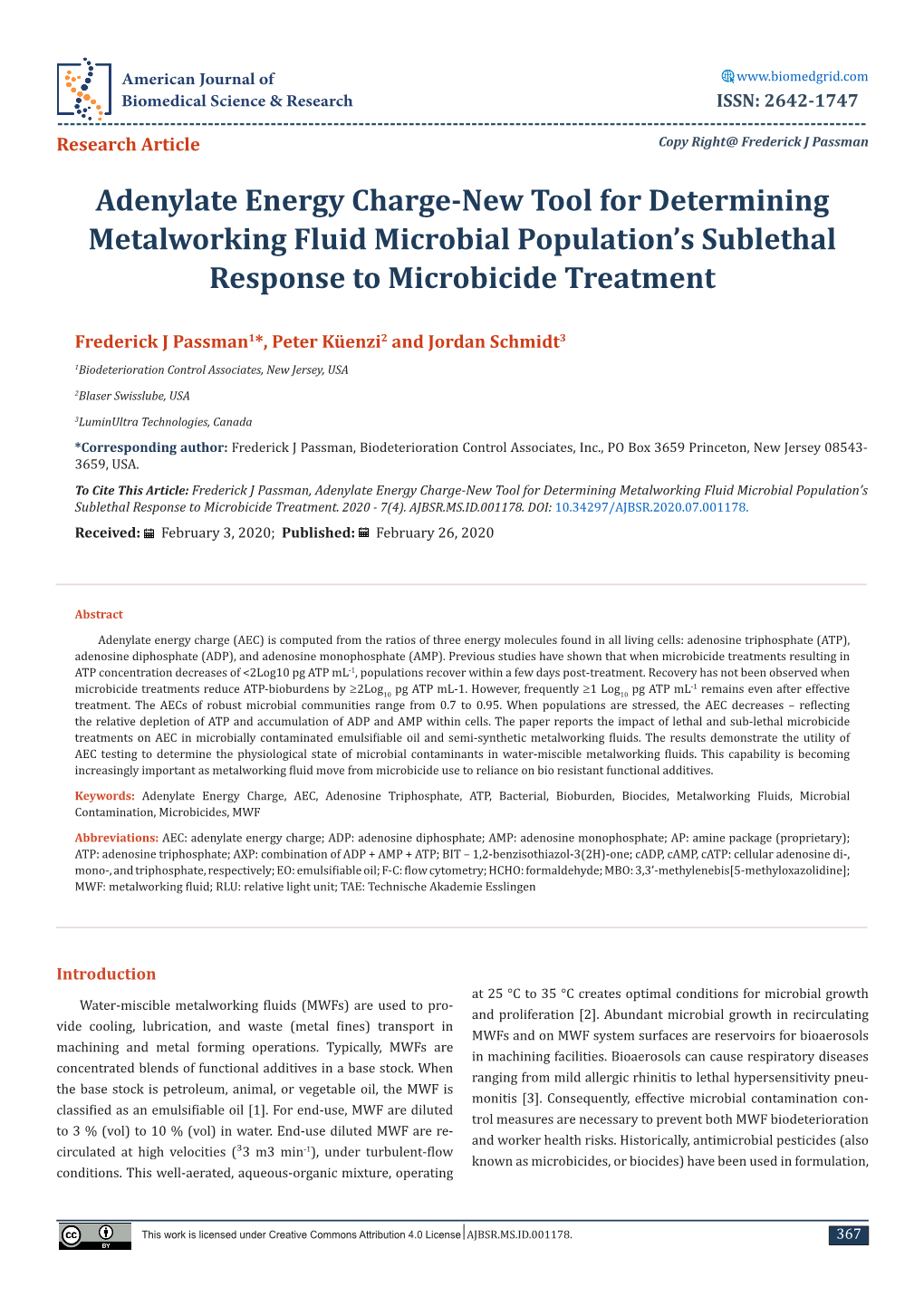 Adenylate Energy Charge-New Tool for Determining Metalworking Fluid Microbial Population’S Sublethal Response to Microbicide Treatment