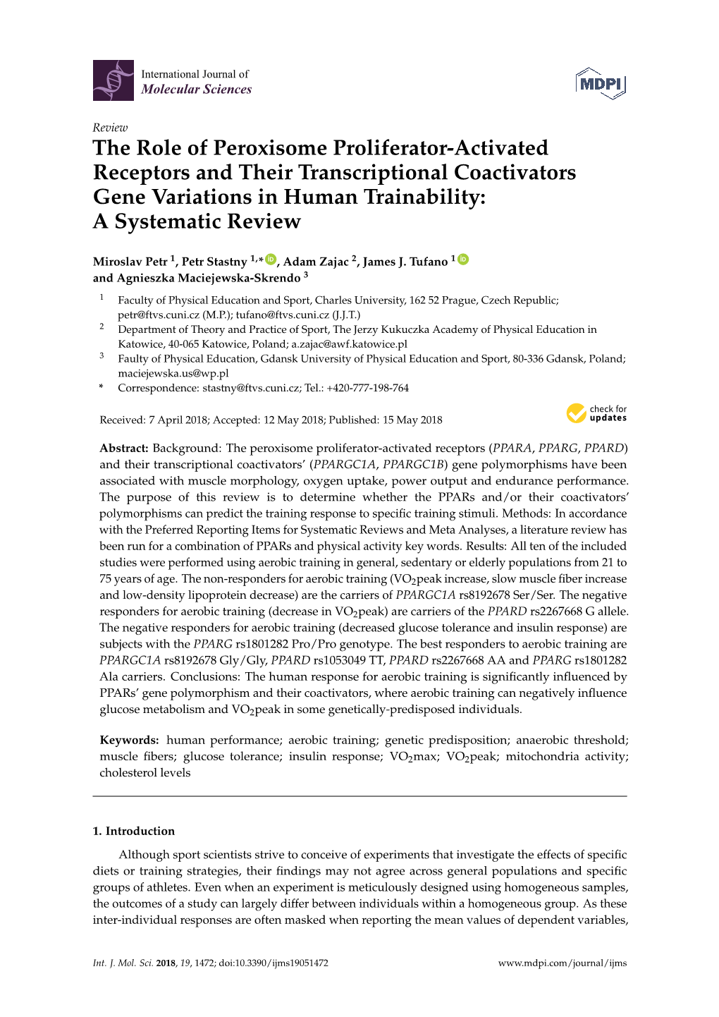 The Role of Peroxisome Proliferator-Activated Receptors and Their Transcriptional Coactivators Gene Variations in Human Trainability: a Systematic Review