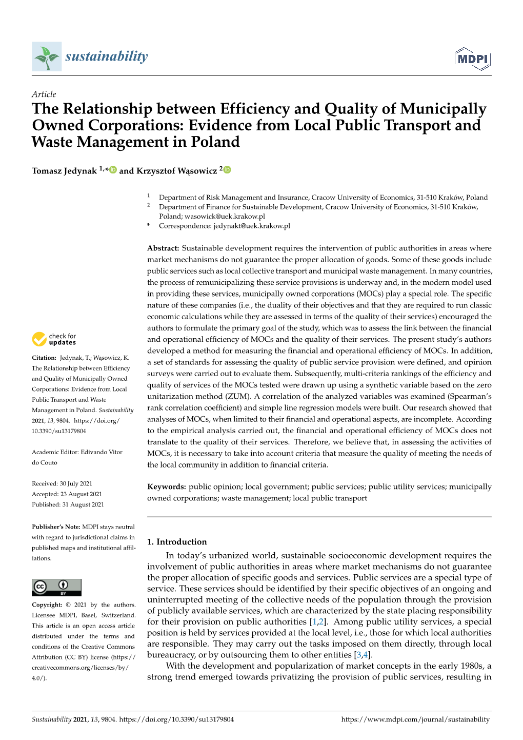 The Relationship Between Efficiency and Quality of Municipally Owned Corporations: Evidence from Local Public Transport and Waste Management in Poland