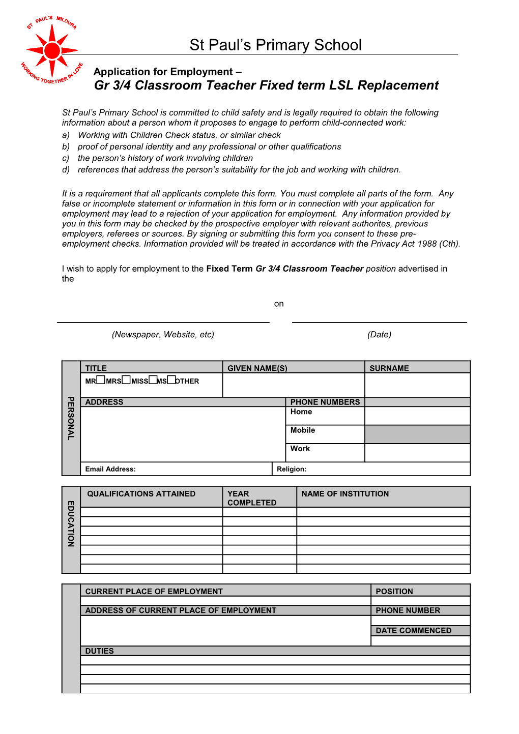 Application for Employment Teaching Position