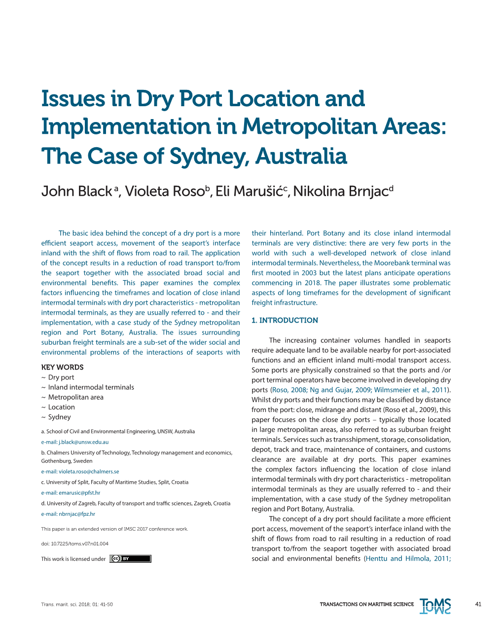 Issues in Dry Port Location and Implementation in Metropolitan Areas: the Case of Sydney, Australia