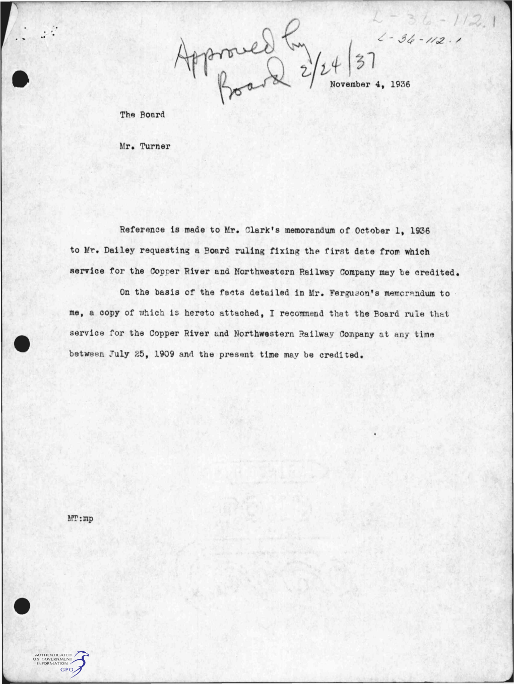 November 4, 1936 the Board Mr. Turner Reference Is Made to Mr. Clark's Memorandum of October 1, 1936 to Mr. Dailey Requesting A