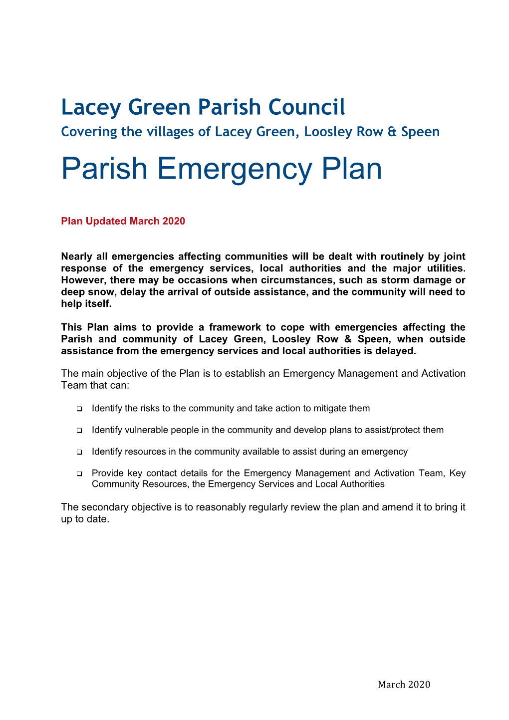 Longwick-Cum-Ilmer Parish Emergency Plan 2014 V2.0