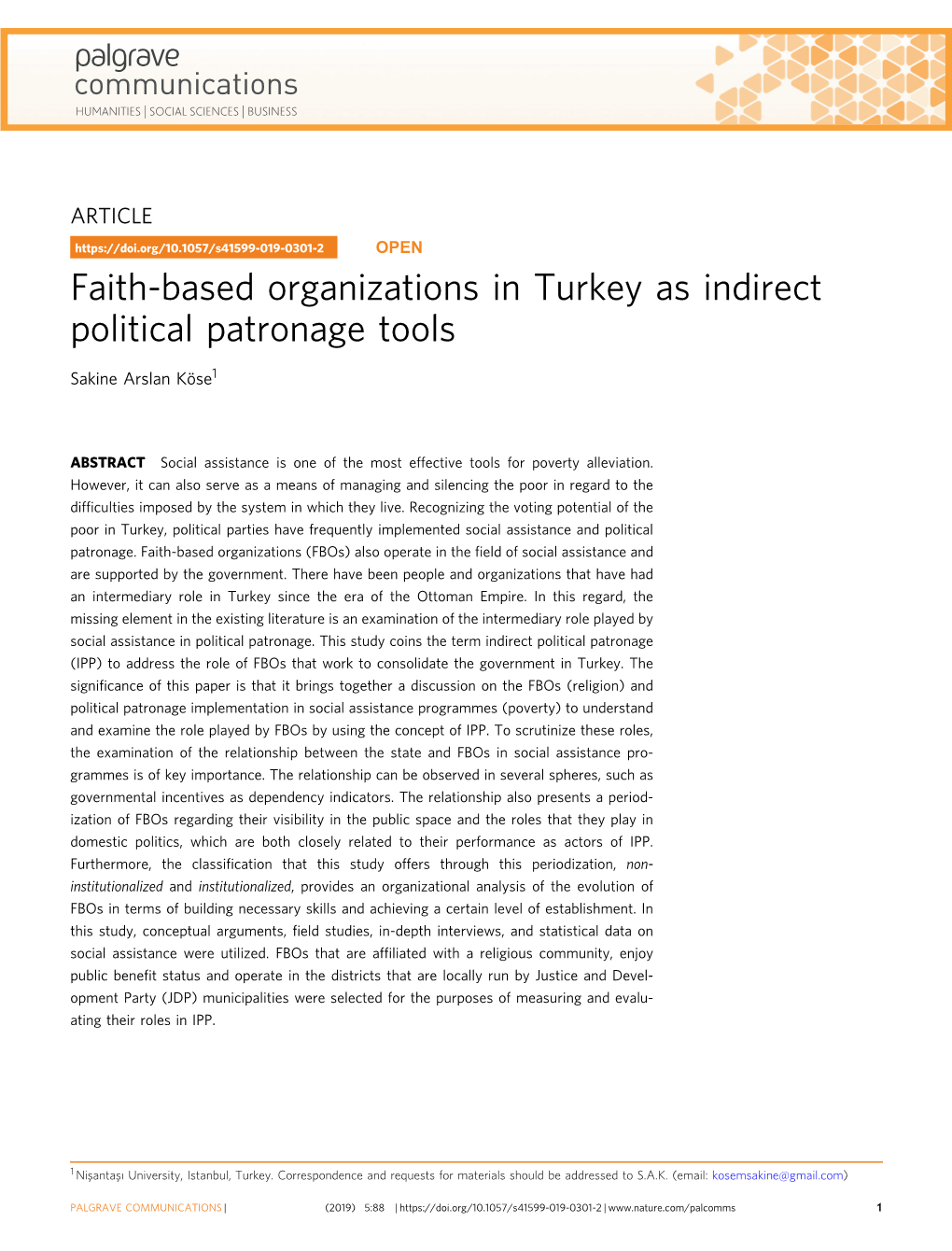 Faith-Based Organizations in Turkey As Indirect Political Patronage Tools