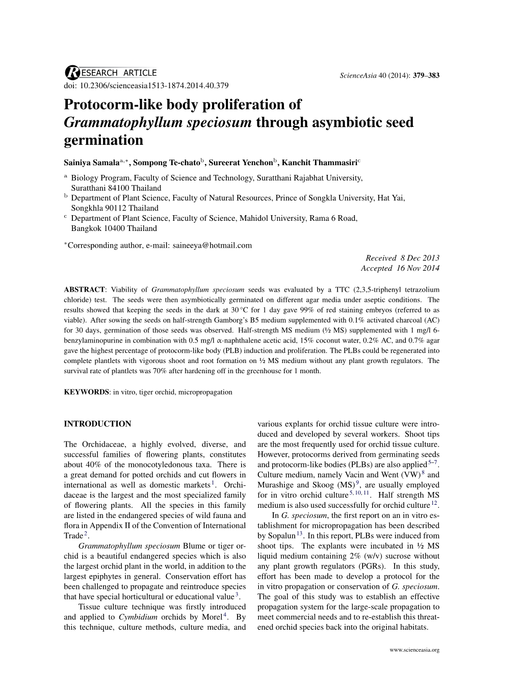 Protocorm-Like Body Proliferation of Grammatophyllum Speciosum Through Asymbiotic Seed Germination