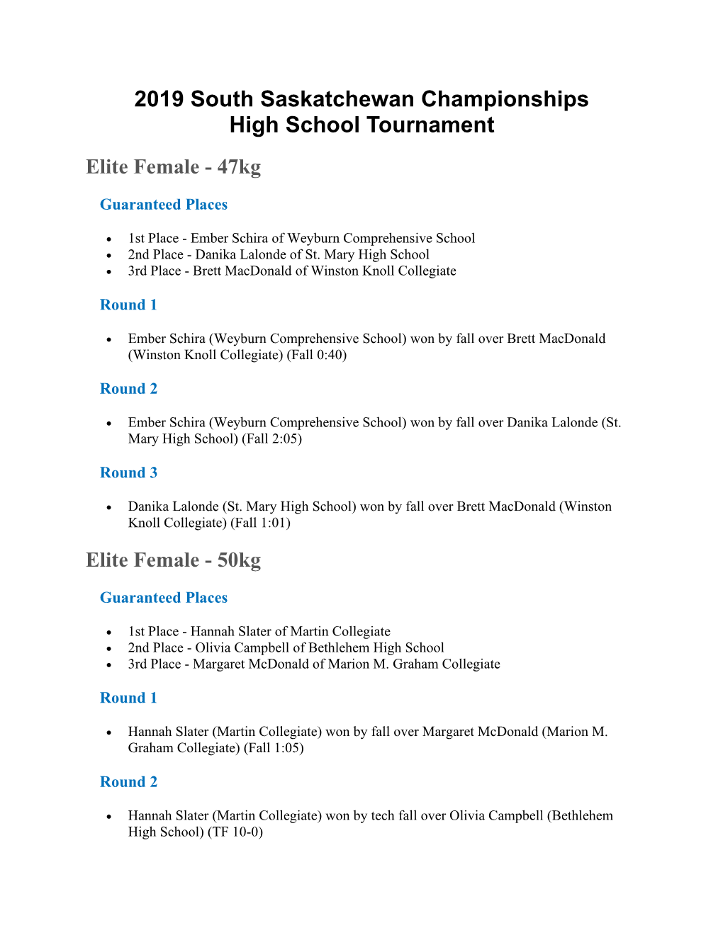 2019 South Saskatchewan Championships High School Tournament Elite Female - 47Kg
