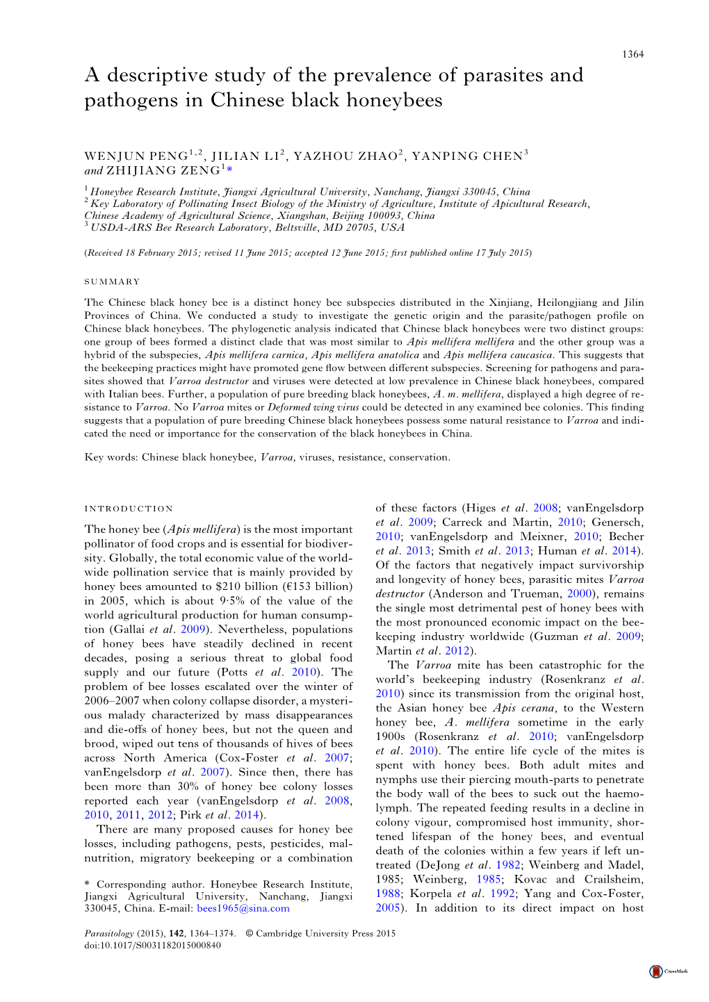 A Descriptive Study of the Prevalence of Parasites and Pathogens in Chinese Black Honeybees