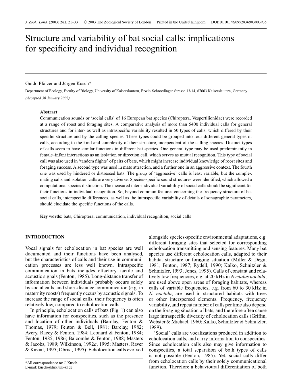 Structure and Variability of Bat Social Calls: Implications for Specificity