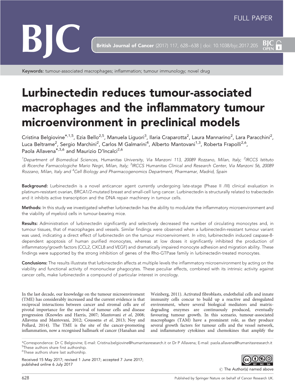 Lurbinectedin Reduces Tumour-Associated Macrophages and the Inflammatory Tumour Microenvironment in Preclinical Models