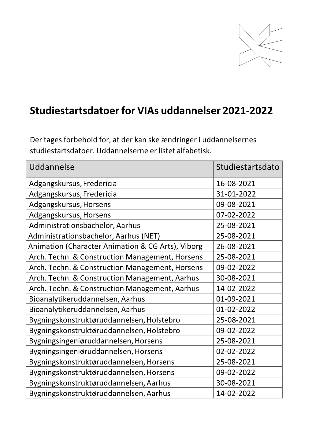 Studiestartsdatoer for Vias Uddannelser 2021-2022