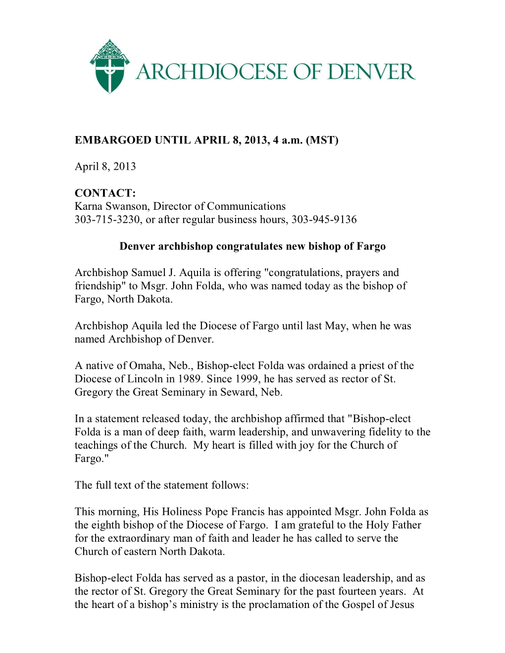 Archbishop Aquila's Statement About Bishop Folda