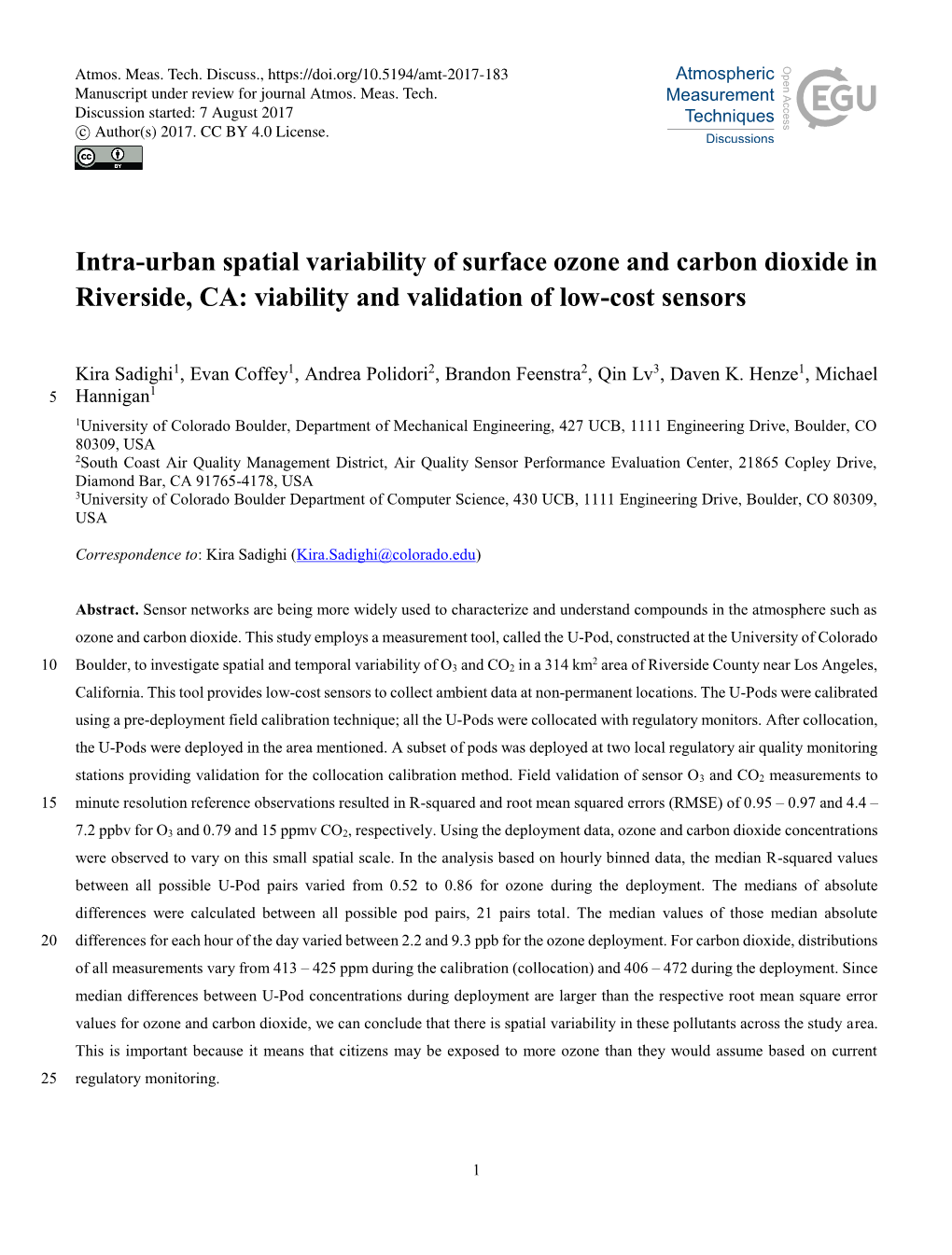 Intra-Urban Spatial Variability of Surface Ozone and Carbon Dioxide in Riverside, CA: Viability and Validation of Low-Cost Sensors