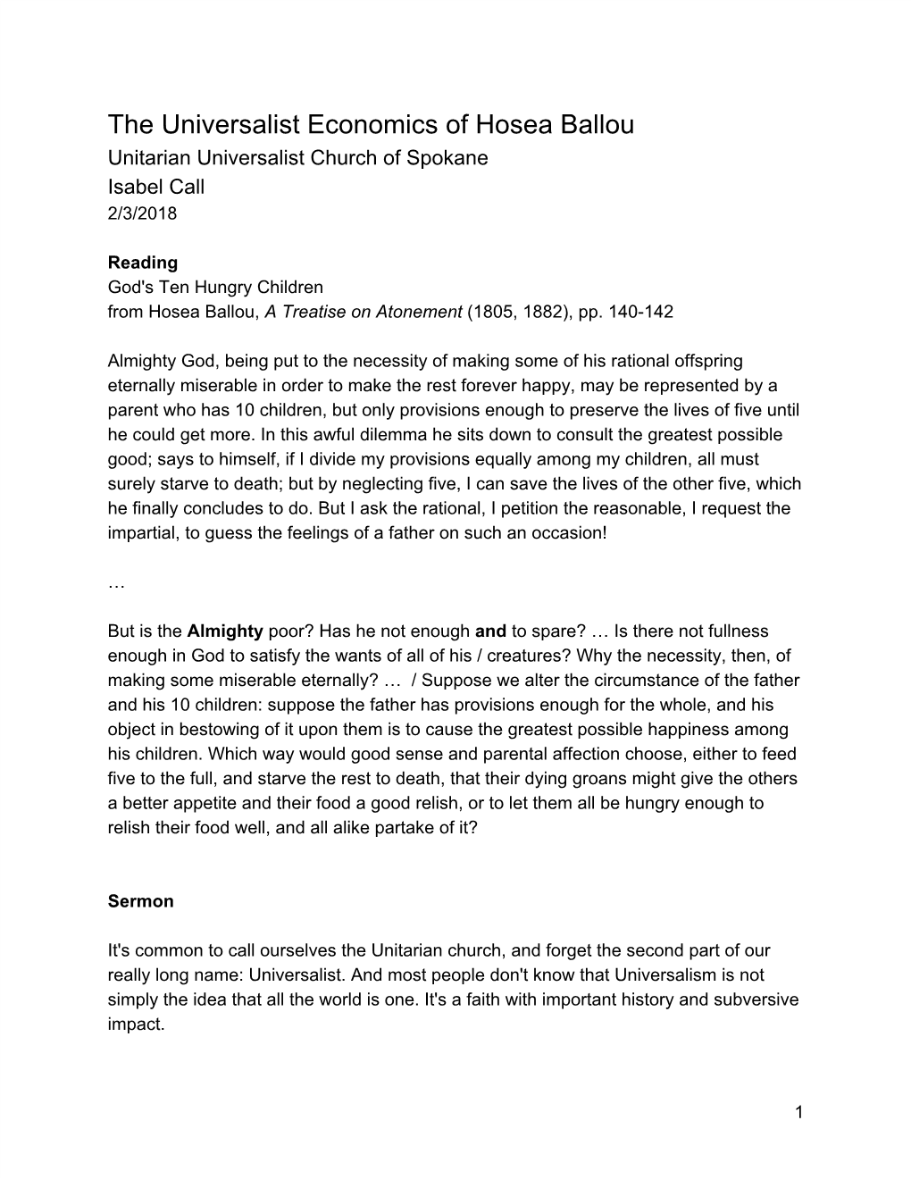 The Universalist Economics of Hosea Ballou Unitarian Universalist Church of Spokane Isabel Call 2/3/2018