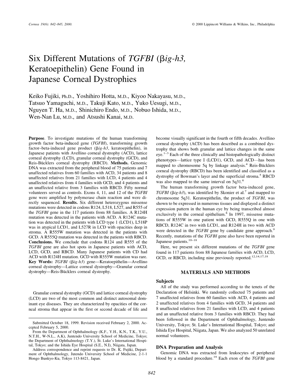 Six Different Mutations of TGFBI (ßig-H3, Keratoepithelin) Gene