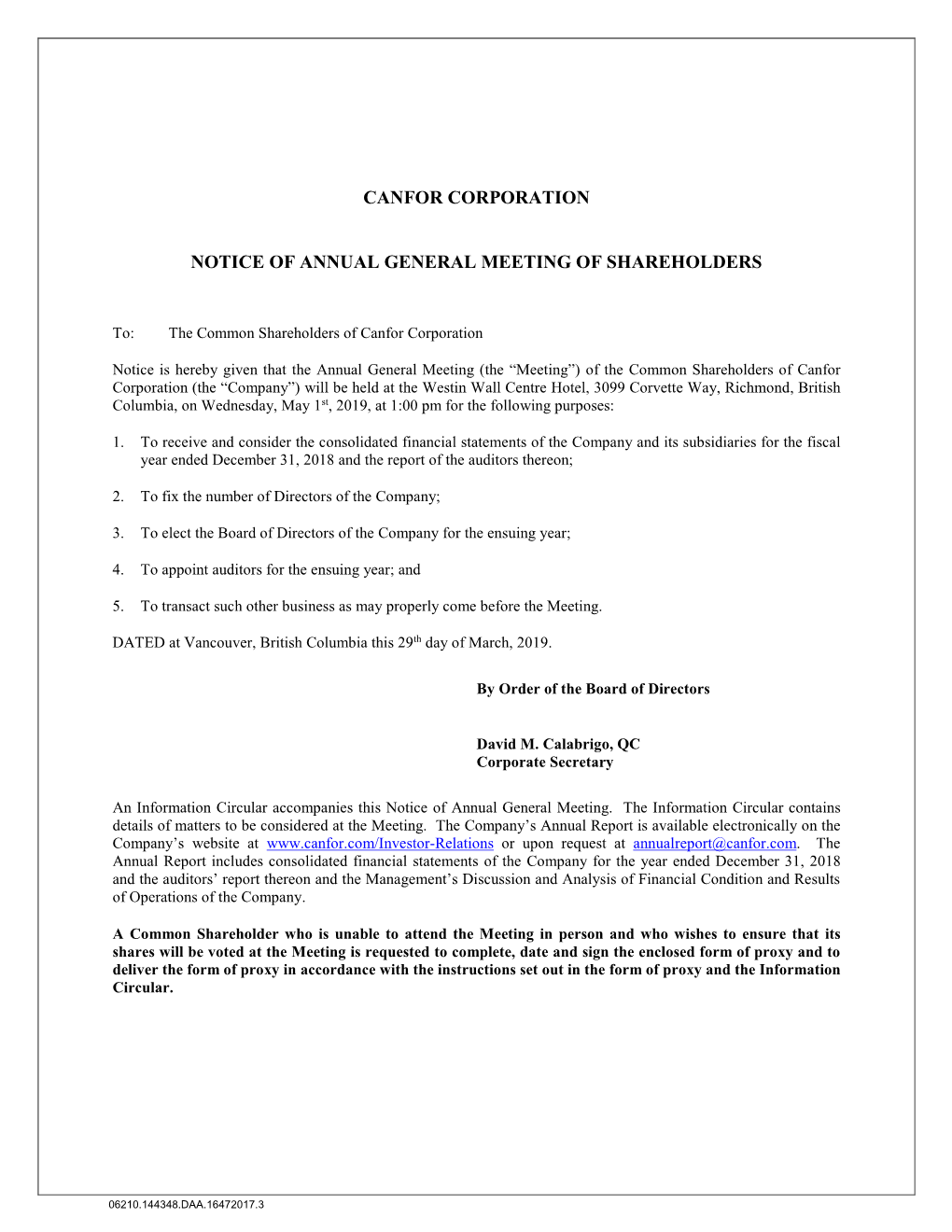 Information Circular Accompanies This Notice of Annual General Meeting