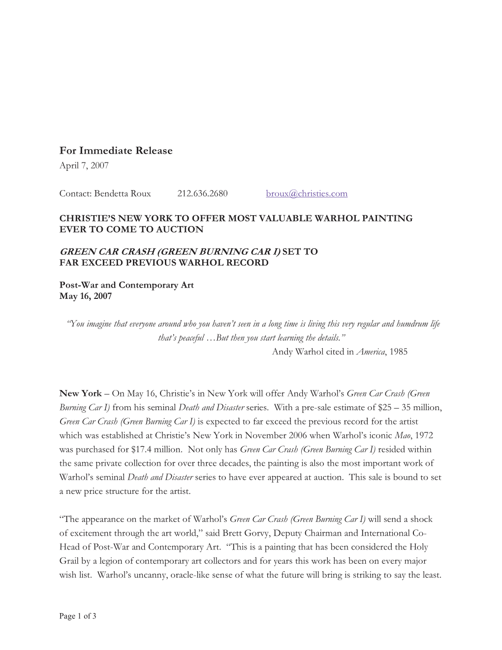 For Immediate Release April 7, 2007
