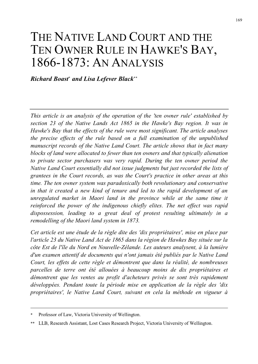 The Native Land Court and the Ten Owner Rule in Hawke's Bay, 1866-1873: an Analysis