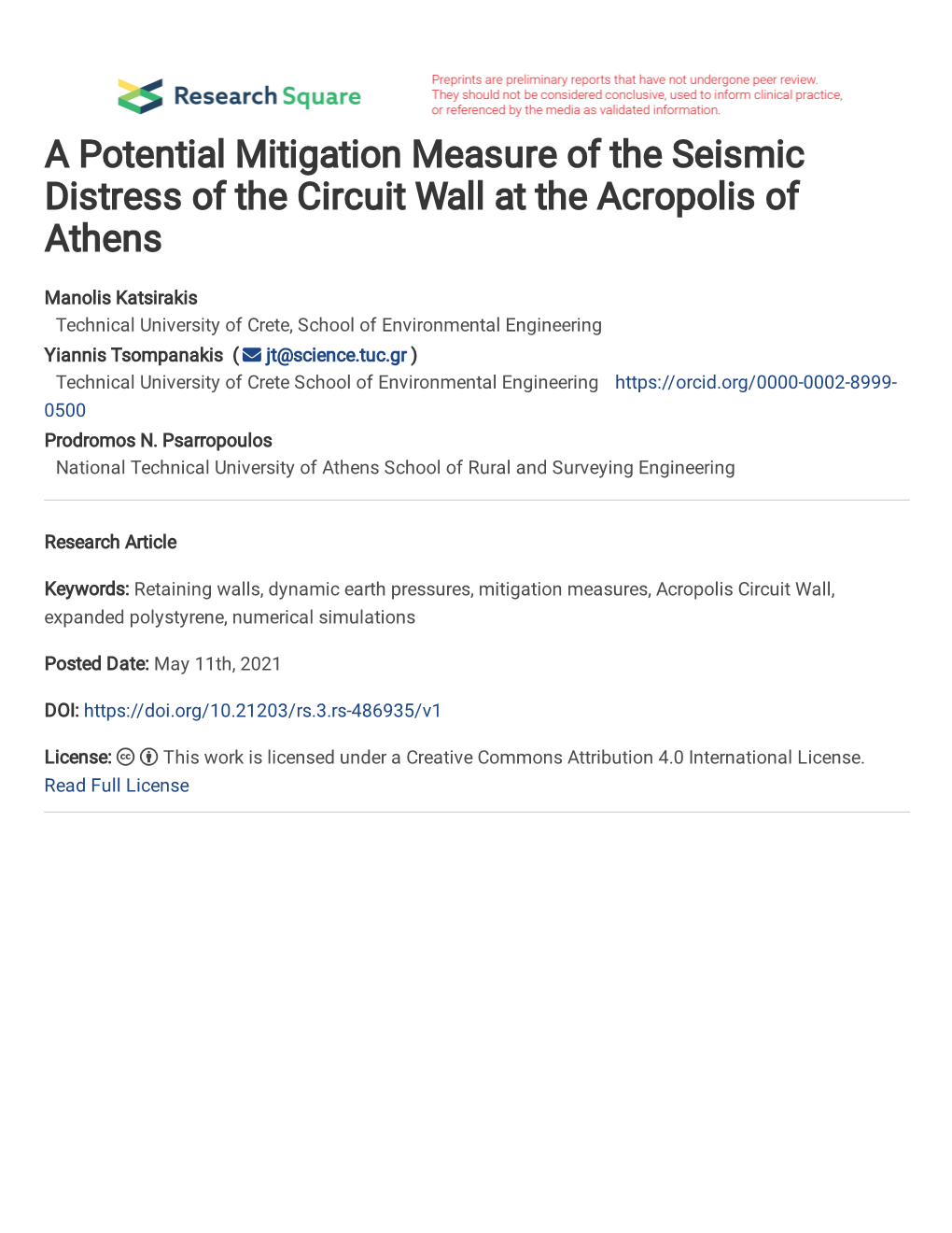 A Potential Mitigation Measure of the Seismic Distress of the Circuit Wall at the Acropolis of Athens