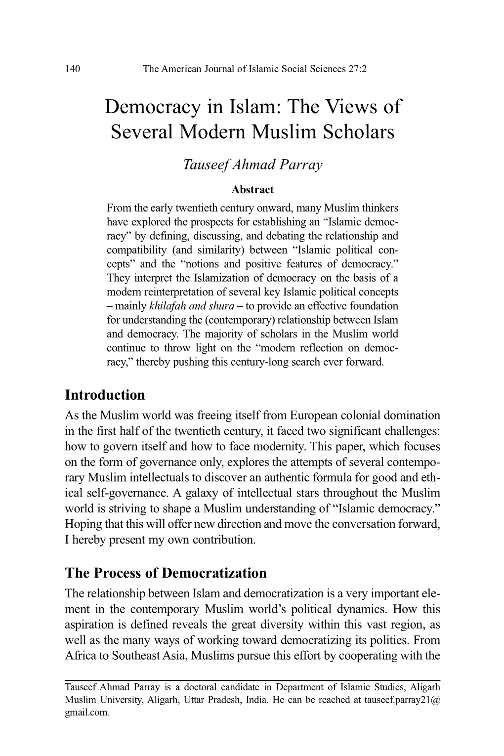 Democracy in Islam: the Views of Several Modern Muslim Scholars