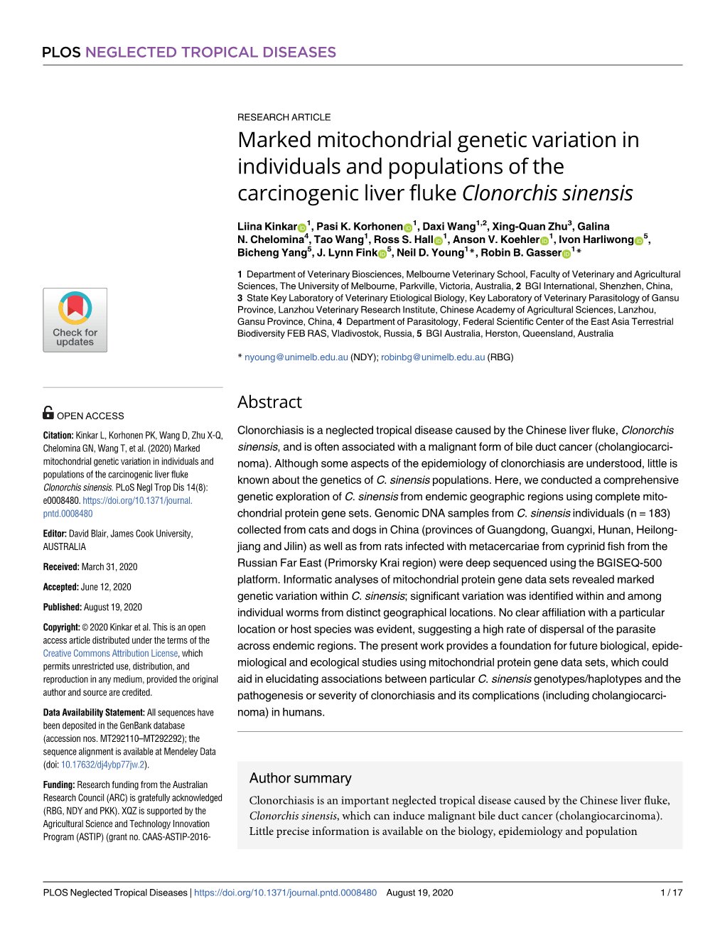 Marked Mitochondrial Genetic Variation in Individuals and Populations of the Carcinogenic Liver Fluke Clonorchis Sinensis