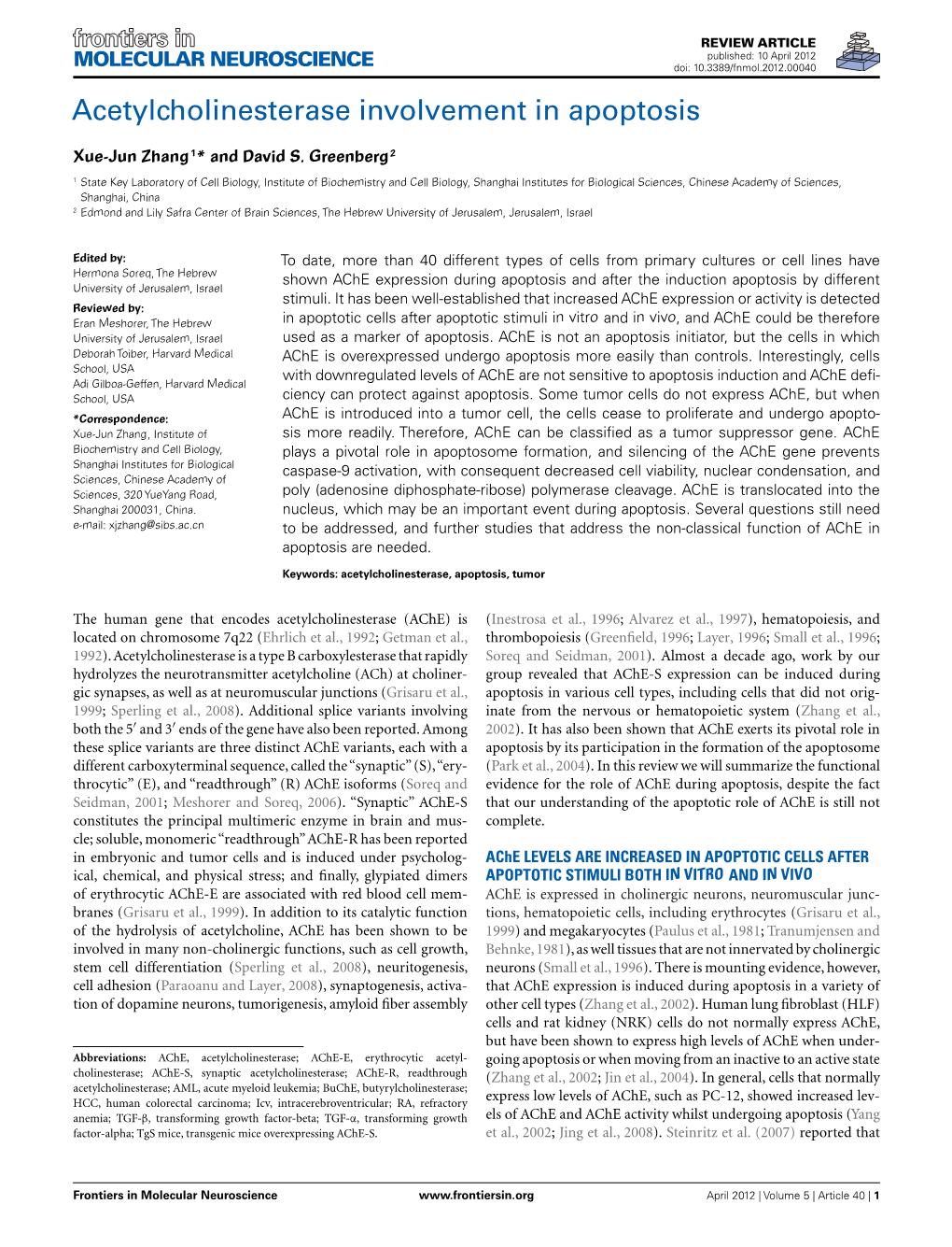 Acetylcholinesterase Involvement in Apoptosis