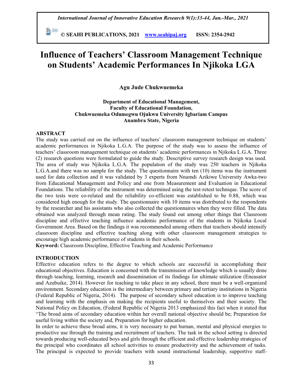 Influence of Teachers' Classroom Management Technique on Students' Academic Performances in Njikoka