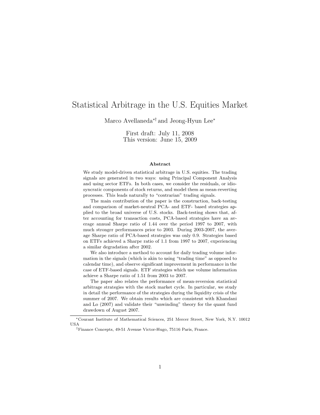 Statistical Arbitrage in the U.S. Equities Market