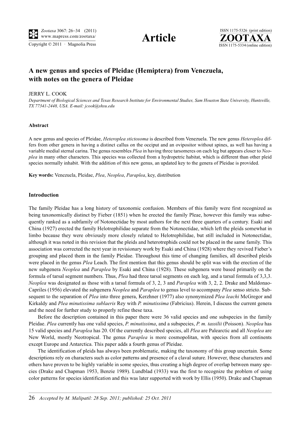 A New Genus and Species of Pleidae (Hemiptera) from Venezuela, with Notes on the Genera of Pleidae