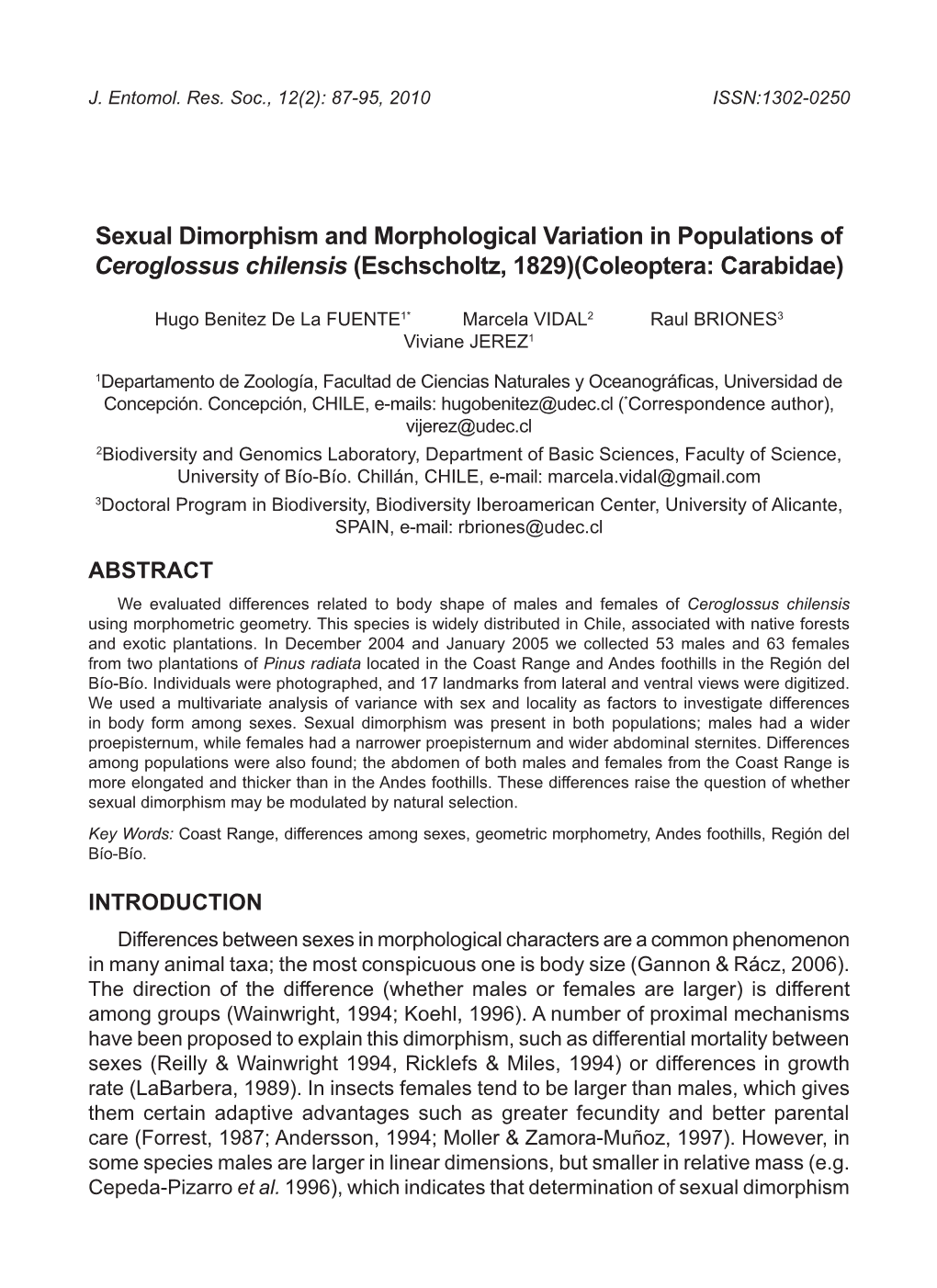 Sexual Dimorphism and Morphological Variation in Populations of Ceroglossus Chilensis (Eschscholtz, 1829)(Coleoptera: Carabidae)
