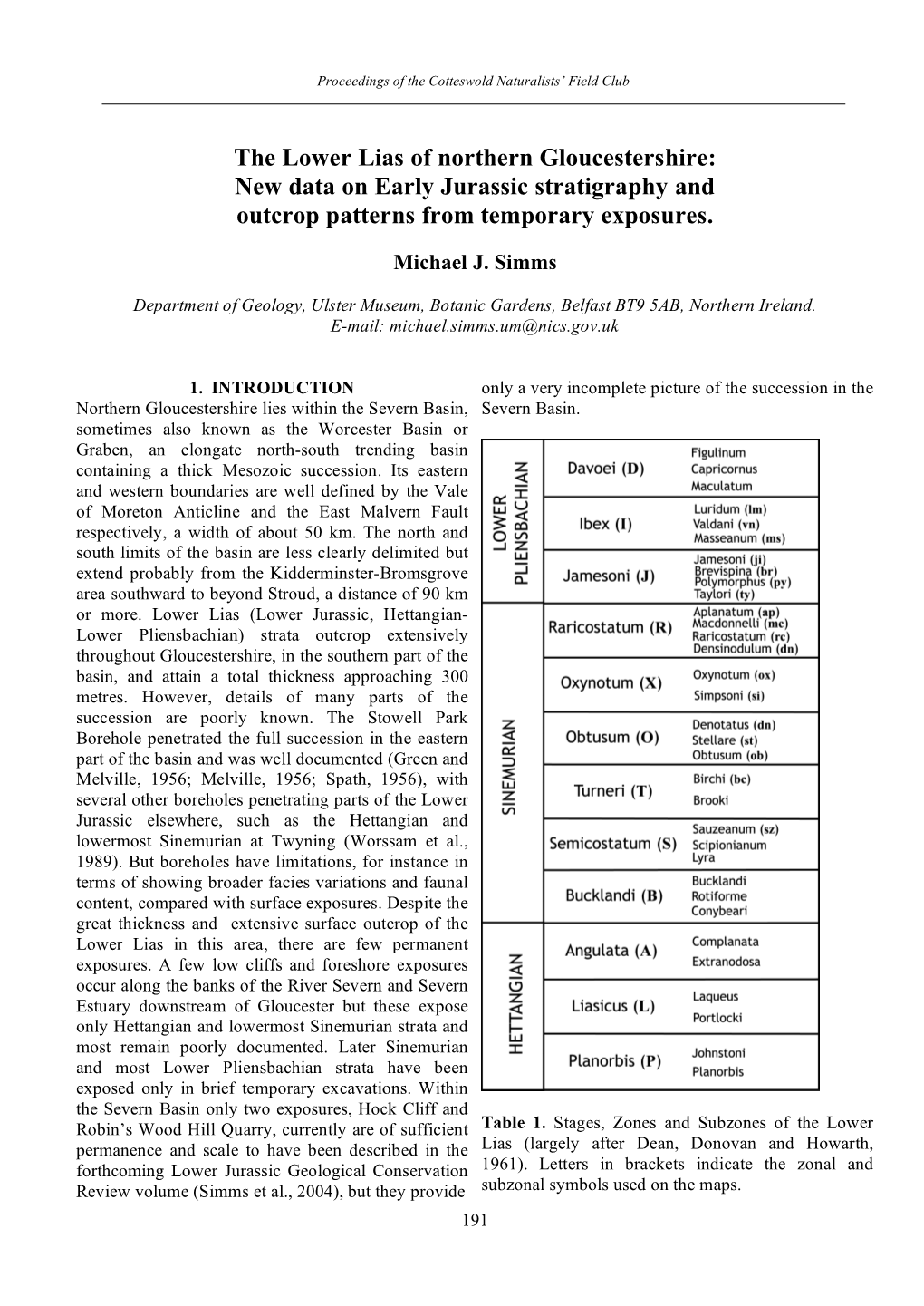 The Lower Lias of Northern Gloucestershire: New Data on Early Jurassic Stratigraphy and Outcrop Patterns from Temporary Exposures