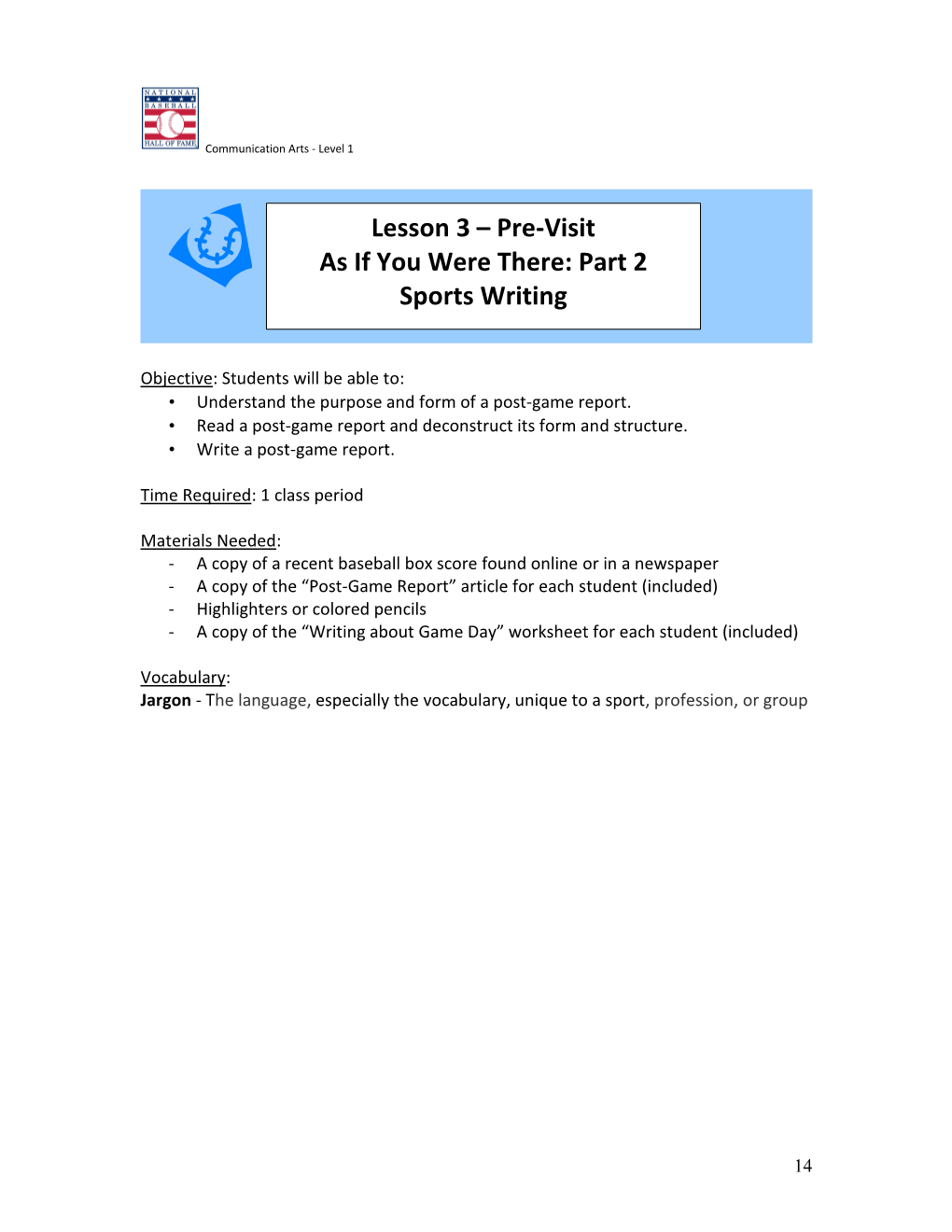 Lesson 3 – Pre-Visit As If You Were There: Part 2 Sports Writing