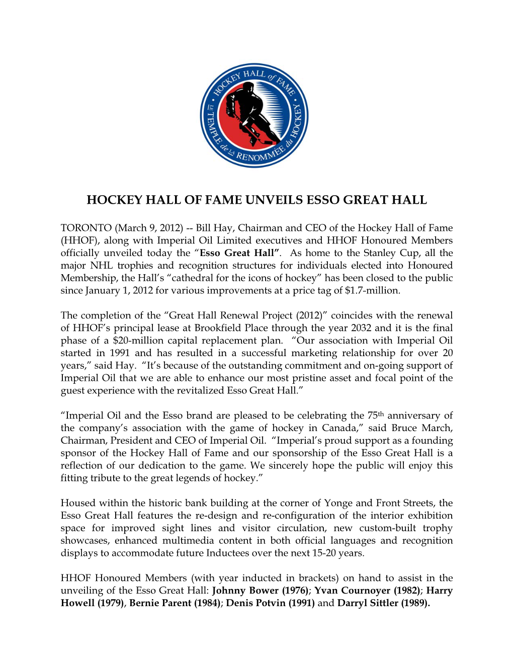 Hockey Hall of Fame Unveils Esso Great Hall