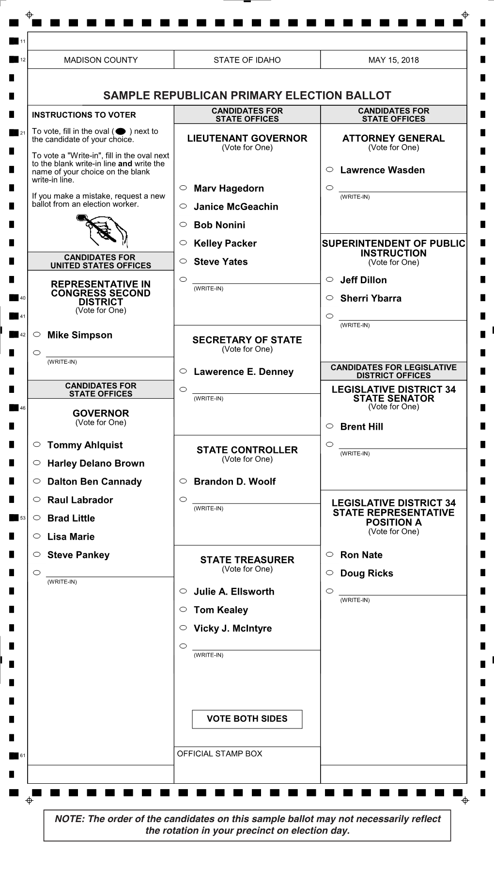 Sample Republican Primary Election Ballot