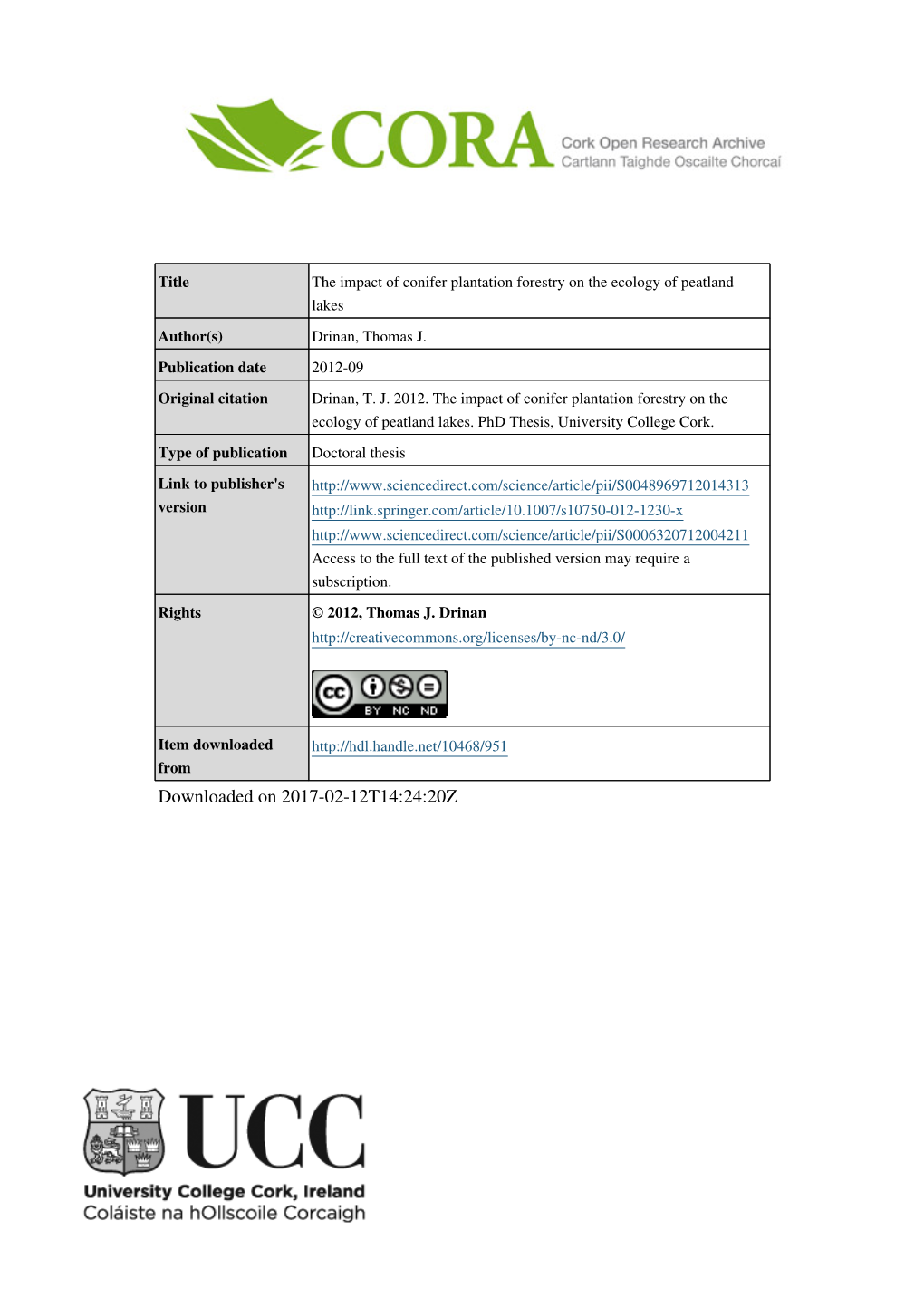 Downloaded on 2017-02-12T14:24:20Z the Impact of Conifer Plantation Forestry on The