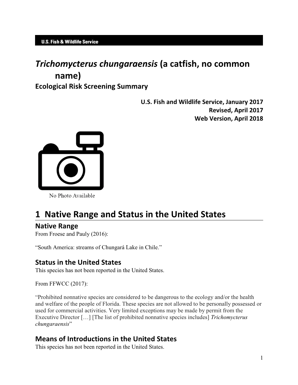 Trichomycterus Chungaraensis (A Catfish, No Common Name) Ecological Risk Screening Summary