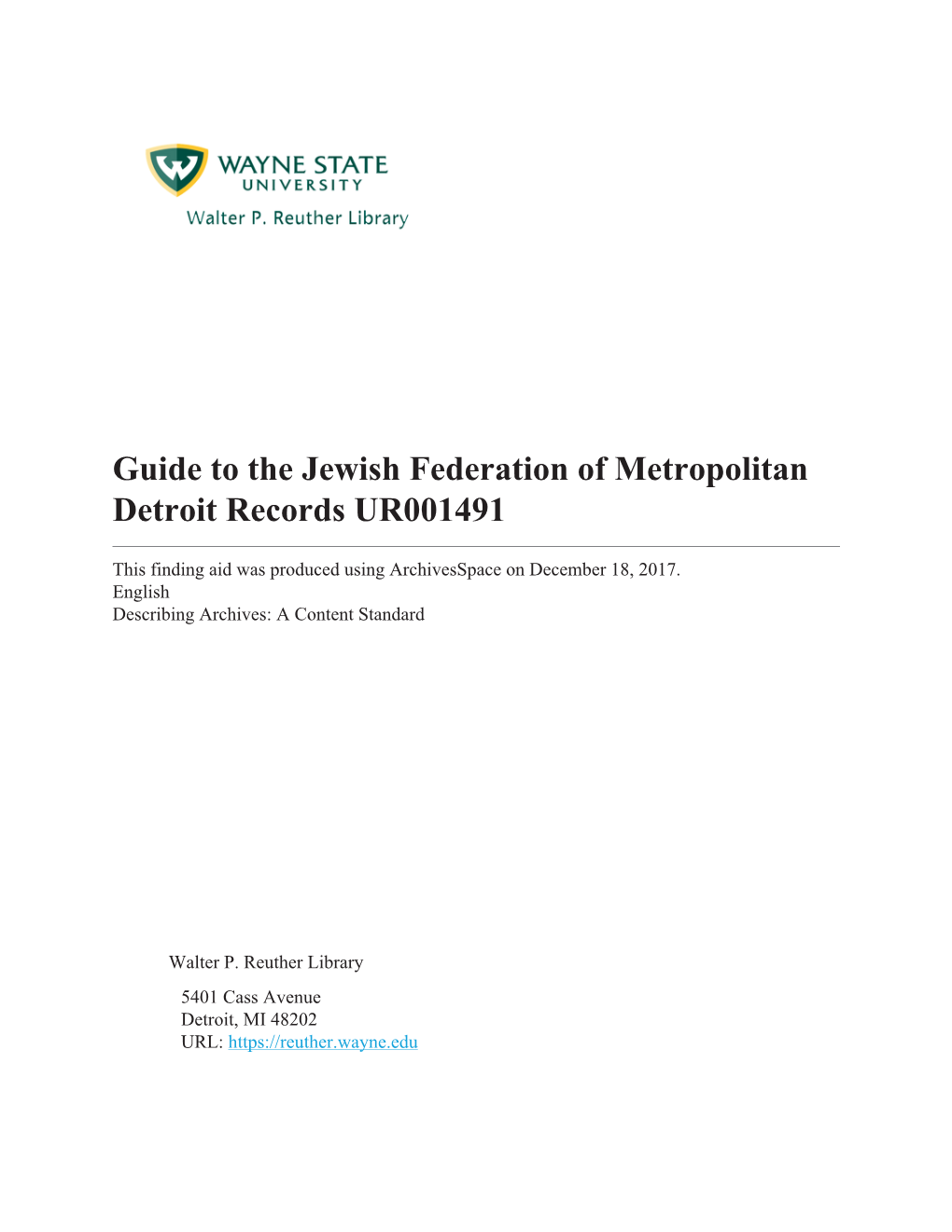 Jewish Federation of Metropolitan Detroit Records UR001491