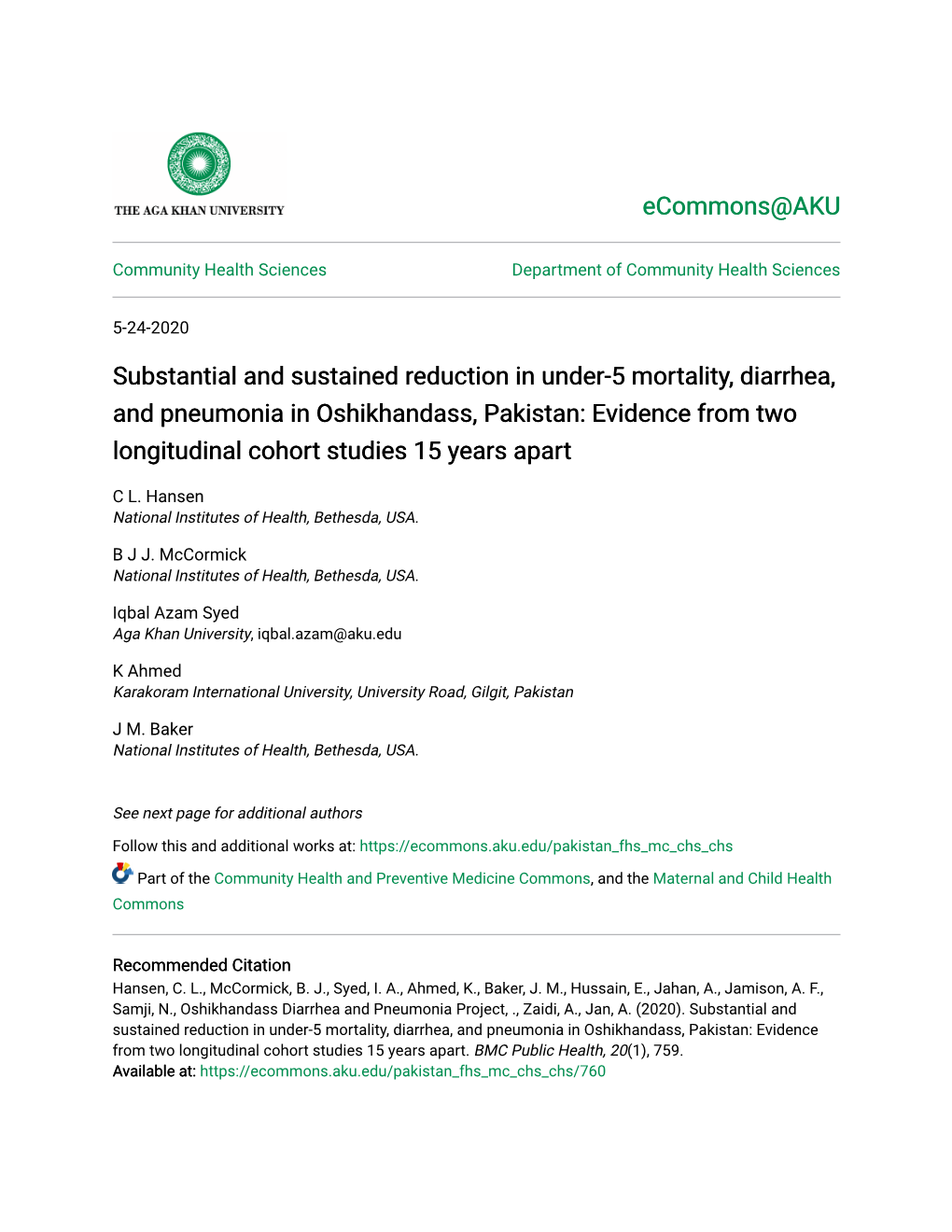 Substantial and Sustained Reduction in Under-5 Mortality, Diarrhea, And