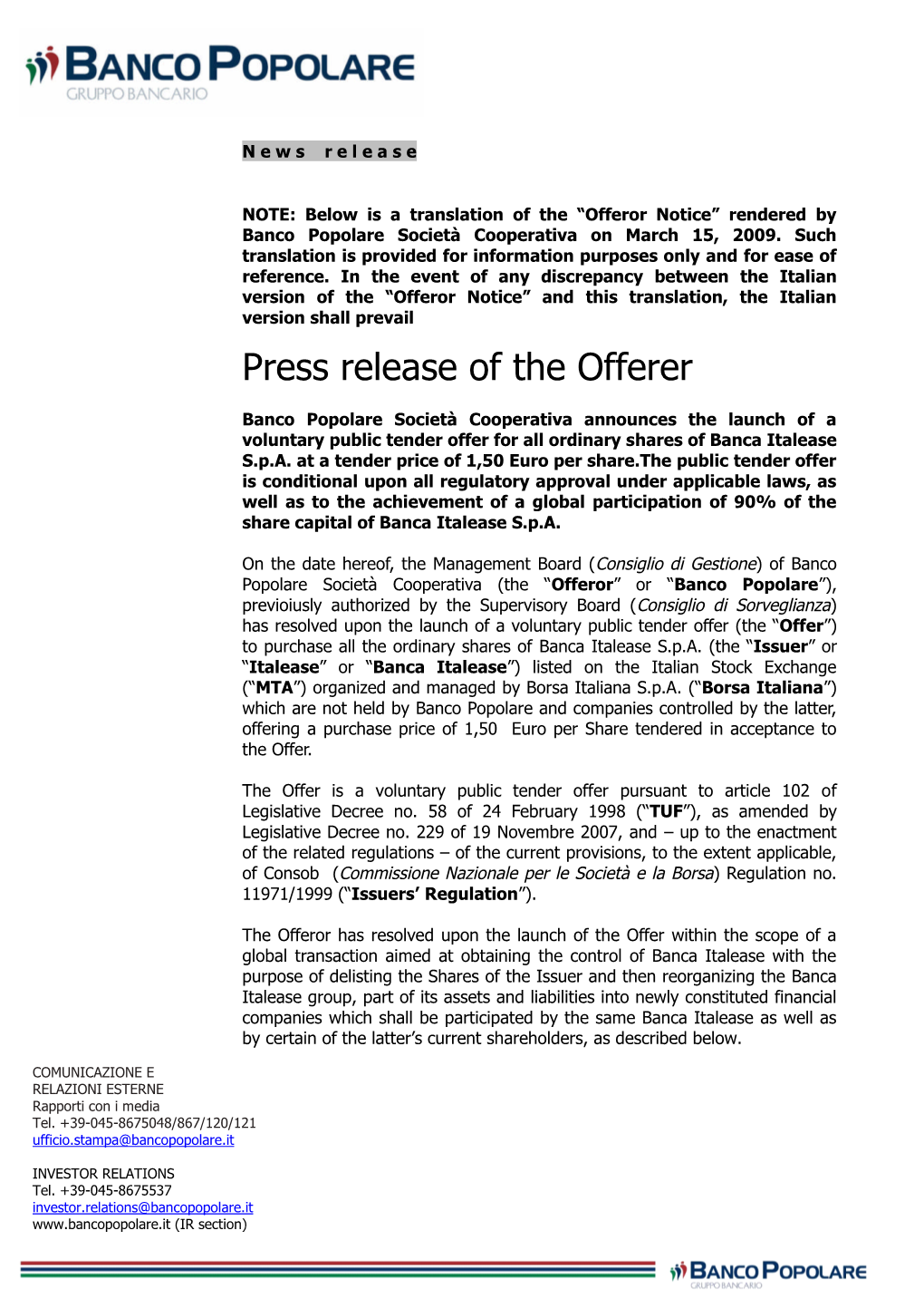 Press Release of the Offerer