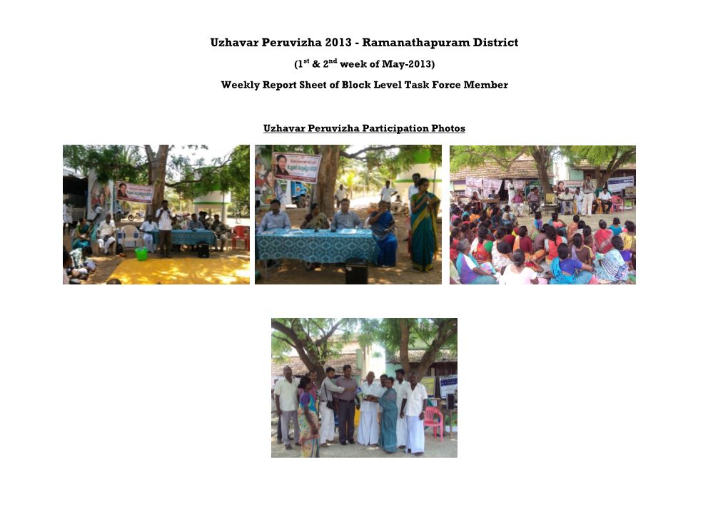 Uzhavar Peruvizha 2013 - Ramanathapuram District (1St & 2Nd Week of May-2013) Weekly Report Sheet of Block Level Task Force Member