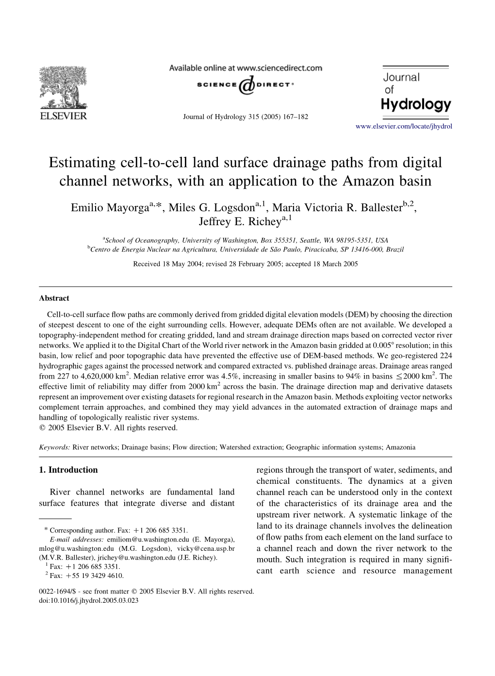 Estimating Cell-To-Cell Land Surface Drainage Paths from Digital Channel Networks, with an Application to the Amazon Basin